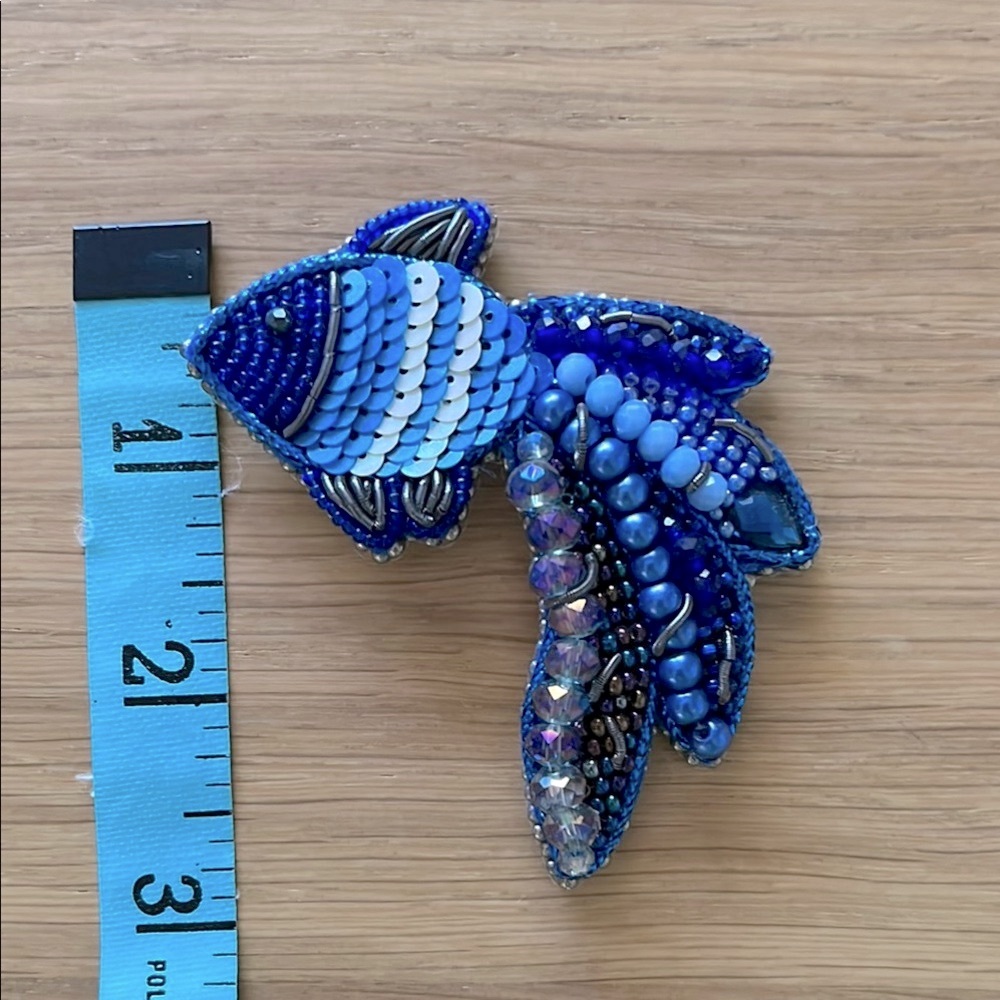 Handmade Brooch, blue beads and leather base, Fish - Picture 2 of 5